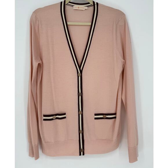 Tory Burch Madeline Merino Wool Grandpa Cardigan Pink Maroon Buttons Size Large - Picture 2 of 8